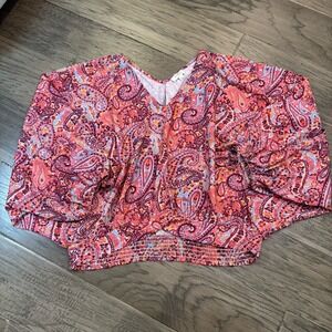 UMGEE‎ Women's Pink Paisley Long Puff Sleeve V-Neck Smocked Back Large